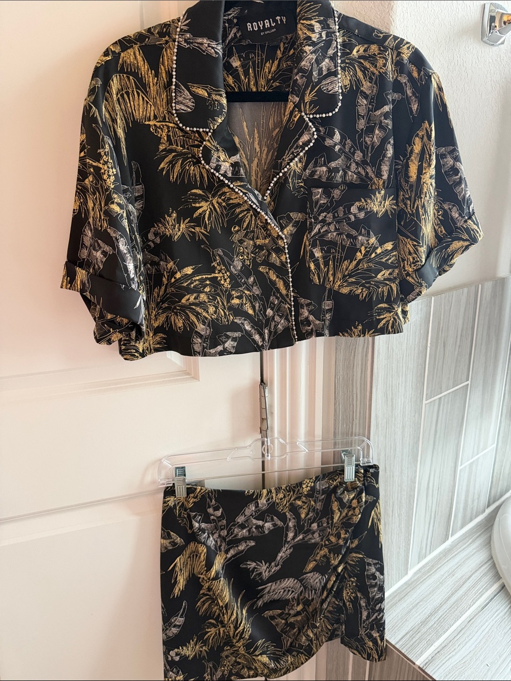 Royalty Black and Gold Tropical Satin Two-Piece skort set